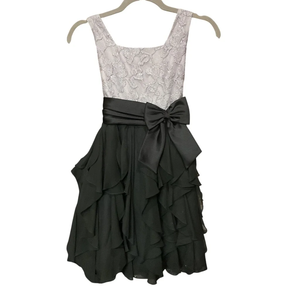 Rare Editions Girls' Silver Lace Black Ruffle Party Formal Dress with Bow Sz 12